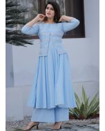 Blue Readymade Gota Patti Work Jacket Style Kurta Set