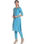 Readymade Blue Cotton Silk Kurta With Pant