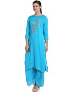 Blue Readymade Embroidered Long Kurta With Palazzo