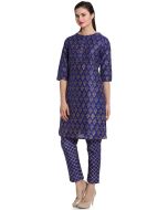 Navy Blue Block Printed Readymade Kurta Set