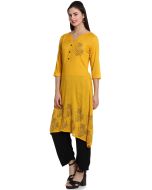 Yellow Floral Block Printed Asymmetric Kurta Set