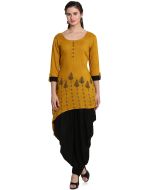 Yellow Block Printed Asymmetric Kurti Dhoti Set