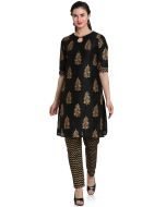 Black Block Printed Readymade Cotton Silk Kurta Set