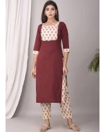 Maroon Readymade Kurta With Block Printed Pant