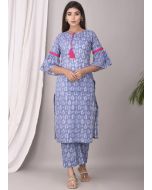 Blue Hand Block Printed Bell Sleeved Kurta Set