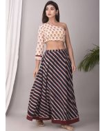 Cream Block Printed One Shoulder Top Skirt Set