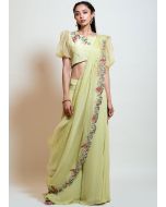 Green Puff Sleeved Top Palazzo With Attached Dupatta