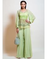 Green Embroidered Puff Sleeved Peplum Top With Palazzo