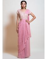 Pink Draped Dupatta Style Embellished Top With Skirt