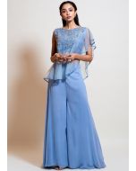 Blue Embellished Asymmetric Cape Style Top With Palazzo