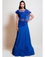 Blue Mirror Embellished Top With Asymmetric Layered Skirt