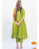 Green Readymade Cotton Anarkali Suit With Plazzo