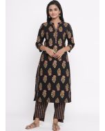 Black Readymade Cotton Suit With Printed Palazzo