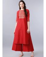 Readymade Embroidered Red Rayon Kurta Set