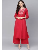 Red Embroidered Readymade Kurta Palazzo Set