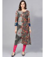 Grey Readymade Floral Print Kurta Set