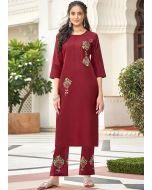 Maroon Embroidered Readymade Kurta Set