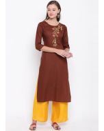 Readymade Brown Embroidered Kurta With Palazzo