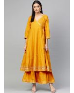 Yellow Gota Patti Embellished Angrakha Style Kurta Set