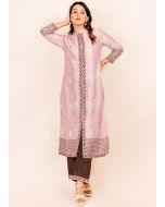 Readymade Pink Floral Printed Chanderi Kurta Set