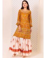 Readymade Yellow Block Printed Kurta Set With Sharara