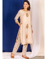 Readymade Cream Floral Block Printed Kurta Set