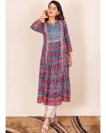 Readymade Blue Block Printed Gathered Kurta Set