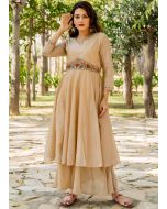 Readymade Beige Anarkali Kurta Set In Chanderi