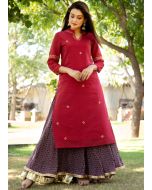 Readymade Maroon Chanderi Kurta and Skirt Set