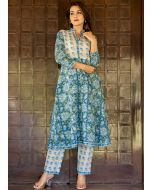 Readymade Blue Hand Block Printed Kurta Pant Set