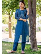 Readymade Blue Embroidered Chanderi Kurta Set