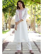 White Embroidered Readymade Chanderi Kurta Set