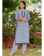 Blue Readymade Block Printed Kurta Set