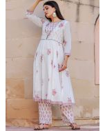 White Readymade Floral Block Print Kurta Set