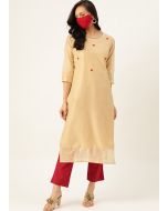 Cream Readymade Kurta With Pant In Chanderi