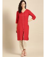 Red Front Slit Style Readymade Kurta Pant Set