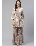 Cream Readymade Printed Kurti Gharara Set