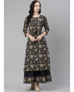 Black Readymade Kurta Palazzo Set In Cotton