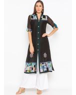 Black Printed Readymade Kurta Set With Front Closure