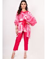 Pink Readymade Tie-Dye Printed Kimono With Pant