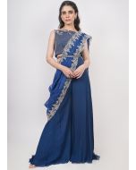 Navy Blue Embroidered Top Palazzo With Draped Dupatta