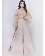 Peach Embellished Skirt Top Set In Silk