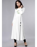 White Readymade Kurta Set With Floral Embroidery