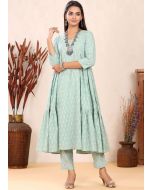 Readymade Green Printed Kurta Set In Cotton