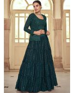 Green Readymade Embroidered Jacket Style Skirt Set