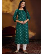 Readymade Green Foil Printed Kurta Pant Set