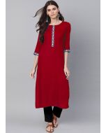 Red Embroidered Readymade Kurta Set In Rayon