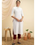 White Plain Readymade Kurta Set In Rayon