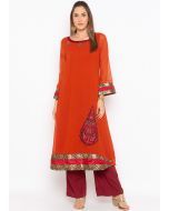 Orange Readymade Embroidered Georgette Kurta And Pant Set