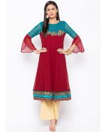 Red Readymade Hand Embroidered Kurta Set